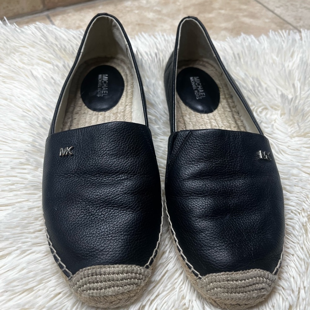 MICHAEL Kors Black Leather Espadrille Slip-Ons with Natural Jute Toe